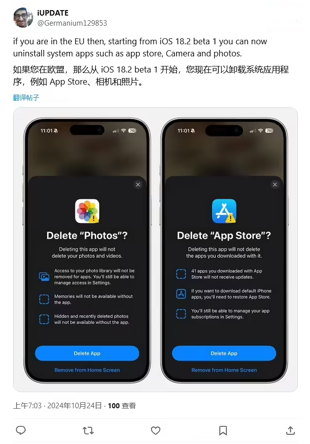 江安苹果手机维修分享iOS 18.2 支持删除 App Store 应用商店 